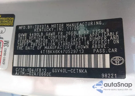 2007 Toyota Camry Le V6 z USA, uszkodzony, nr VIN 4T1BK46K47U529713